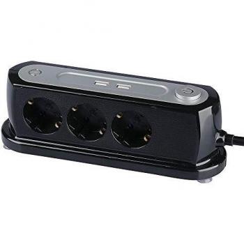 Multipresa de Mesa 3 Enchufes Schuko 16A y 2 Puertos USB 5V 2,4A con Interruptor Color Negro