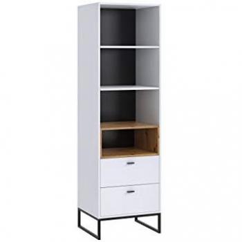 Estantería Providence J105, Abierto, Con 2 Cajones, Aglomerado Laminado, Blanco y Roble Artisan, 202x60x40cm