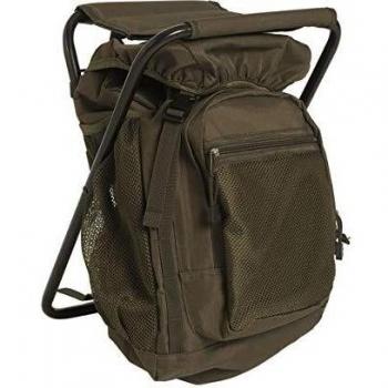 Silla con bolsa de 20 litros para acampada y senderismo en color olivo Parabellum 50129, mochila con taburete unisex en color negro, talla única, marca Miltec