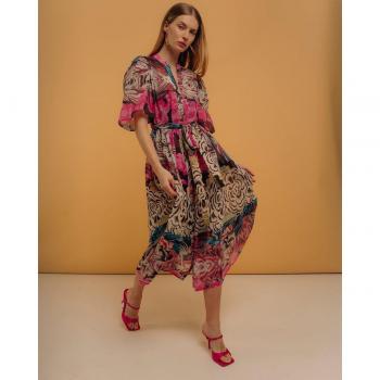 Vestido Midi Camisero Bordado Floral con Cinturón Lazada