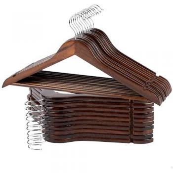 Pack 20 Perchas de Madera Alta Calidad A, Color Marrón, Ganchos Giratorios 360º, con Muescas y Barra Inferior - Ideal para Pantalones, Camisas y Trajes