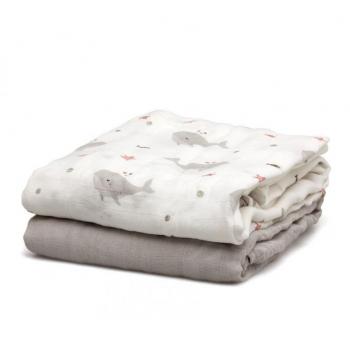 Muselina Bambu Gris Ballenas Kiokids