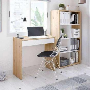 Pack Escritorio con Estantería Estilo Moderno Color Blanco Artik y Roble Nodi