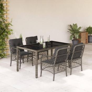 5-Piece Gray Poly Rattan Garden Dining Set with Cushions