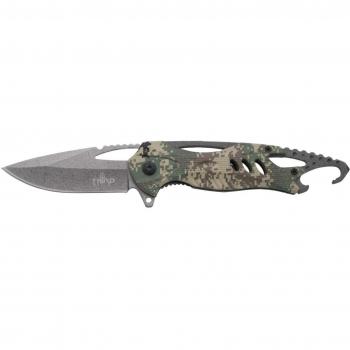 Navaja asistida Third K2794CA, mango de aluminio recubierto con camo patrón digital, hoja de acero inoxidable de 8.5 cm, incluye punta rompevidrio