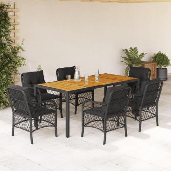 Set de Comedor de Jardín 7 Piezas con Cojines en Polyratán Negro