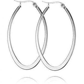 Pendientes de aro de acero inoxidable HIKARO de la marca Amazon, color dorado, plano fino, grande, grande, ovalado, primavera, color plateado