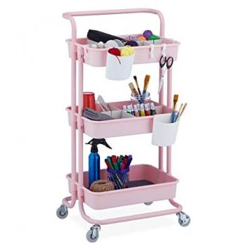 Carrito Auxiliar Multiusos Rosa de 3 Niveles para Cocina y Oficina, Metal y Plástico, 86 x 43 x 34 cm