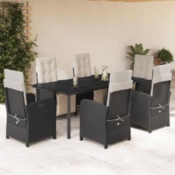 7-Piece Black Poly Rattan Garden Dining Set with Cushions