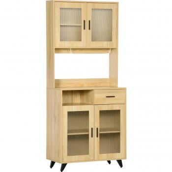 HOMCOM Aparador Alacena de Cocina Mueble Auxiliar con 1 Cajón 4 Puertas de Vidrio Barra para Colgar y Patas Elevadas Antivuelco 80x40x184,