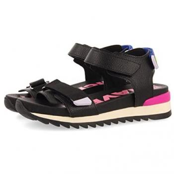 Gioseppo Sandalias Deportivas Thiotte para Niñas Negras con Acentos de Color - Ajustables - Piso de Sierra - Plantilla Memory Effect - Forro Transpirable Reciclado