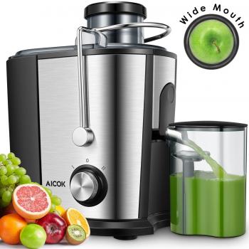 Aicok Licuadoras Para Verduras y Frutas, Exprimidor y Extractor de Zumos Exprimidor Centrífugo de Boca Ancha de 65mm, Acero Inoxidable y Libre de BPA, Con Ajuste de 2 Velocidades, Con Función Anti Goteo