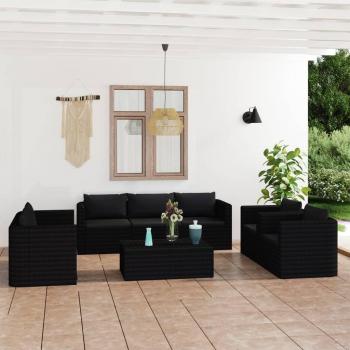 9-Piece Black Poly Rattan Garden Lounge Set with Cushions