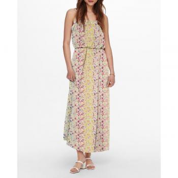 Vestido largo estampado de tirantes con diseño floral y detalle de volantes