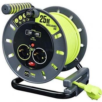Masterplug Pro-XT Enrollacable 25m USB, Alargador 4 Eschufes Schuko + USB, Extension Electico 3000w, Gris / Verde Pistacho
