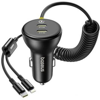 Cargador de coche Baseus 60W con cable retráctil, PD QC SCP FCP AFC, carga rápida para iPhone y Android, negro