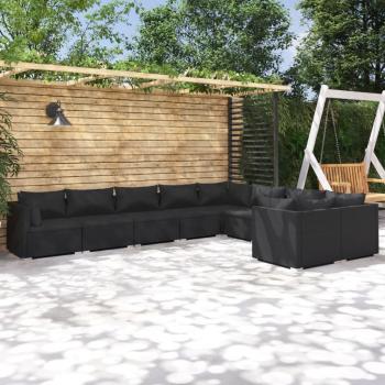 Juego de sofás de jardín 9 piezas con almohadas en Polyrattan negro