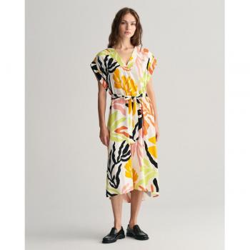 Vestido Gant de manga corta con estampado de palmeras, color amarillo medalla, 36, casual, viscosa