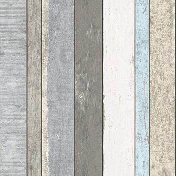 Papel pintado imitación madera gris y azul claro - Estahome - 53 cm x 10,05 m