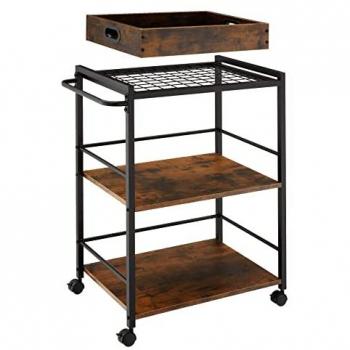 Carrito para cocina Worcester 65 x 41,5 x 87 cm | Práctico carrito de cocina de estilo industrial | Estante superior de rejilla y dos estantes de madera con refuerzos transversales | Bandeja extra