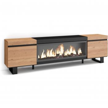 Mueble TV Industrial con Chimenea Eléctrica XXL, para Televisores hasta 80, Diseño Moderno en Roble y Negro, 210 cm