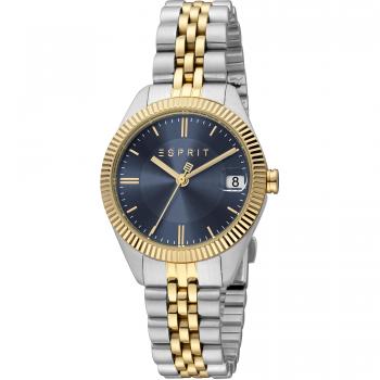 Esprit Madison Women's Stainless Steel Analog Watch - Silver Grey Yellow Gold with Night Blue Dial