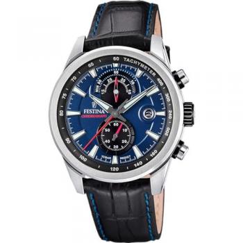 Reloj Festina Timeless Chronograph F20695/5 Azul Correa De Piel, Hombre, Caja de Acero Inoxidable 316L Plateado