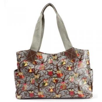 Bolso al Hombro con 2 Asas Cortas para Mujer Resistente al Agua Color Gris con Dibujo Búho