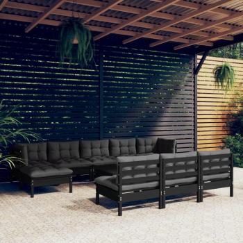 Sofá de jardín 11 piezas con cojines de madera de pino negro