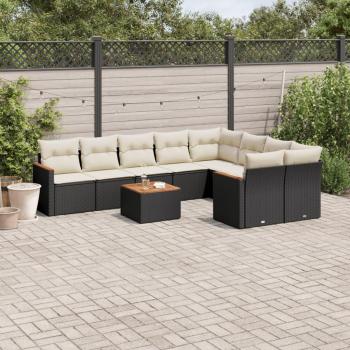 10-Piece Black Poly Rattan Garden Sofa Set with Cushions