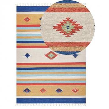 Alfombra Kilim Multicolor de Algodón 140 x 200 cm Tejida a Mano, Reversible, Patrón Geométrico con Borlas
