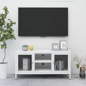 Mueble para el televisor de acero y vidrio blanco 105x35x52 cm - Mueble de salón, mesa de TV, mueble TV salón