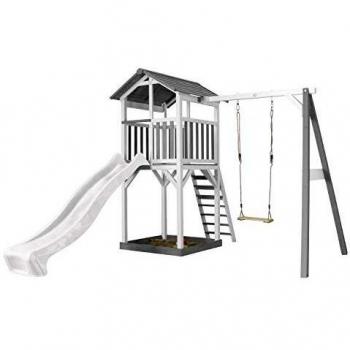 Torre de Juegos AXI Beach Tower con Altalena Individual, Tobogán Blanco y Arenero - Madera Gris/Blanca