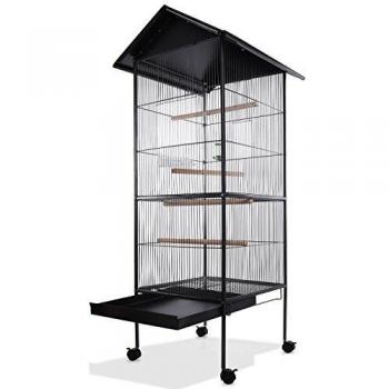 Jaula para pájaros de metal XL 54x54x146cm, móvil con 4 ruedas, 2 puertas, bandeja de limpieza extraíble, 4 posaderos, comedero y bebedero