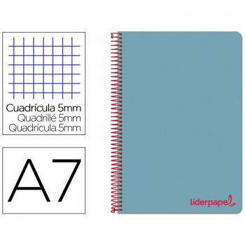 Cuaderno espiral Liderpapel A7 micro wonder tapa plastico 100h 90 gr cuadro 5mm 4 bandas color celeste