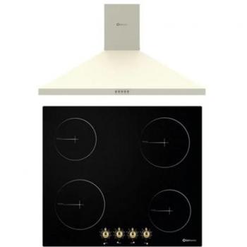 Conjunto Placa Vitrocerámica 4 Fuegos 60cm Negra + Campana Decorativa 60cm Crema Solthermic Rustica