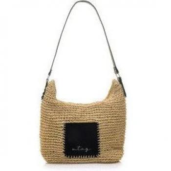 Mustang Bidor Beige/Negro Bolso de Hombro para Mujer en Rafia Trenzada con Cierre de Cremallera