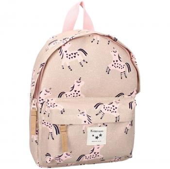 Mochila KIDZROOM Stories Brown para niños, diseño atractivo, fabricada en material resistente, con compartimento principal amplio, bolsillos laterales para botellas, correas ajustables y acolchadas, fácil de limpiar