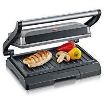 SEVERIN Grill automático y compacto, placas con revestimiento antiadherente de 23 x 14,5 cm, 800 W, Dimensiones 27 x 22,5 x 8,5 cm, Gris metalizado y negro, KG 2394