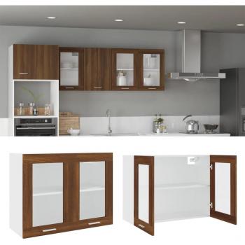 Armario vitrina colgante de madera color marrón roble, dimensiones 80x31x60 cm, fabricado en madera multicapa y con vidrio