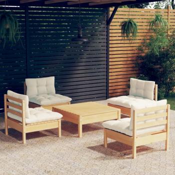 5-Piece Pinewood Garden Lounge Set with Cream Cushions
