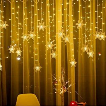 BLOOMWIN Guirnaldas Luces Cortina 2x1M Copo de Nieve con Control Remoto 8 Modos 104 LED 5V USB con Ganchos Cadena de Luces de Navidad para Balcón, Ventana, Pared, Escaparate, Boda, Fiesta, Navidad