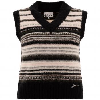 Ganni Women's Multicolor Fair Isle V-Neck Knit Vest in Black - Size M