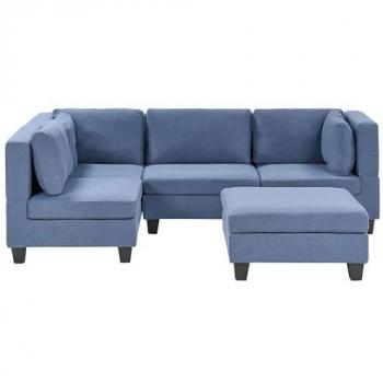 Sofá Modular Esquinero 4 Plazas Tapizado en Tela Azul con Otomana y Respaldo Acolchado, Patas Negras