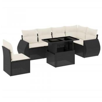 7-Piece Black Poly Rattan Garden Sofa Set with Cushions
