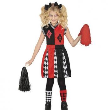 Disfraz de Animadora Peligrosa para niña Guirca Arlequín con falda corta, camiseta de manga larga, pompones y diseño colorido