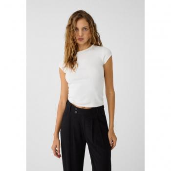 Stradivarius White Ribbed T-shirt Size L