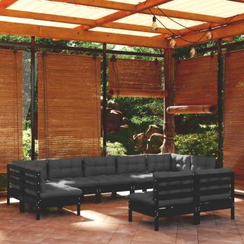 Conjunto de muebles de jardín 9 PCs con cojines de pino negro sólido