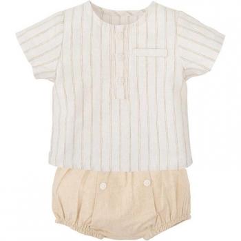 Conjunto de bebé niño a rayas con camisa y bloomer en tonos suaves