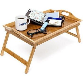 Bandeja Cama Plegable de Bambú Natural con Asas y Patas para Desayuno, Dimensiones 25 x 52 x 33 cm, Color Marrón Natural